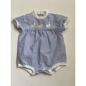 Vintage Newborn Baby Blue Seersucker One Piece Romper Embroidered With Ducks